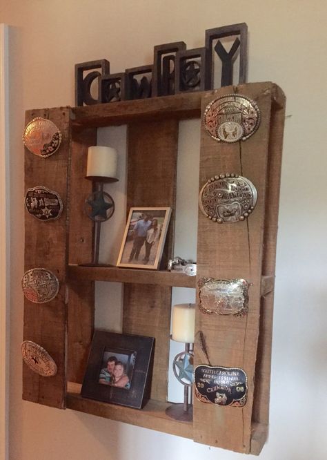 Rodeo Bedroom Ideas, Rodeo Room Ideas, Rodeo Decor, Awards Display, Cowboy Home, Belt Buckle Display, Montana Life, Buckle Display, Cowboy Home Decor