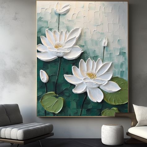 Lotus Texture Painting, Lotus Wall Painting, Paint Knife Art, Lotus Leaf Painting, Lotus Landscape, Landscape Wall Painting, Flower Wall Painting, Lotus Painting, Wall Art Diy Paint