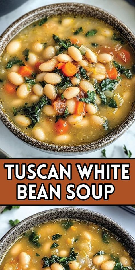 🍲 Tuscan White Bean Soup is a must-try dish that’s perfect for cozy nights or healthy meal prepping! This hearty and flavorful Italian soup is packed with protein-rich white beans, fresh vegetables, and aromatic herbs like rosemary and thyme. 

👉 Pin this recipe now to save for later! 📌 Try making this easy, comforting soup and impress your family with its rich, savory taste. 

#HealthyEating #EasyRecipes #TuscanSoup #VegetarianRecipes #MealPrep Tuscan Bean And Kale Soup, White Bean Ditalini Soup, Bacon White Bean Soup, Marcella Hazan White Bean Soup, Tuscan White Bean Soup Crock Pot, Creamy Tuscan White Bean Soup, Tuscan Cannellini Bean Soup, White Bean Soup Healthy, Slow Cooker White Bean Soup