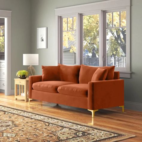 Shumpert 81.5'' Velvet Square Arm Sofa Rust Sofa Living Room, Brown Velvet Sofa, Sofa Colour, Hollywood Vibes, Velvet Sofa Living Room, Sofa Orange, Orange Sofa, Sofa Velvet, Square Arm Sofa