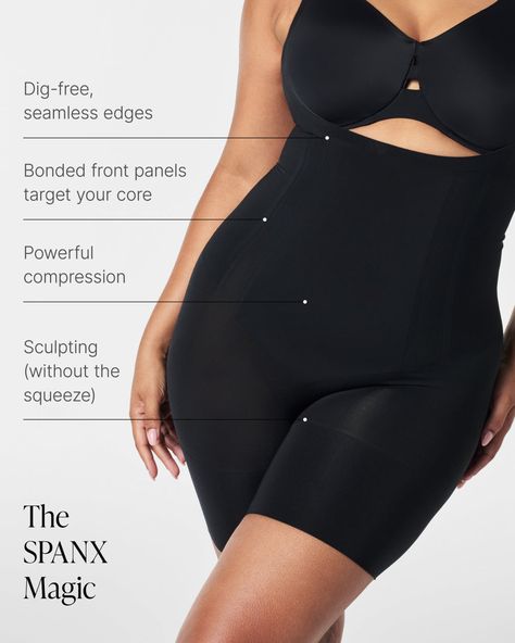 Looking for a total transformation? You’re in the right place. This sculpting shaper is lightweight and powerful, featuring fully-bonded front-panels for a tabletop flat stomach, and edge-bonded side panels for comfortable, squeeze-free slimming. | Spanx Women's OnCore Sculpting Open-Bust Mid-Thigh Bodysuit Open Bust, Romper And Jacket, Shapewear Bodysuit, Cardigan Shirt, Flat Stomach, Sweater Tank Top, Denim Leggings, Side Panels, Sweater Blouse