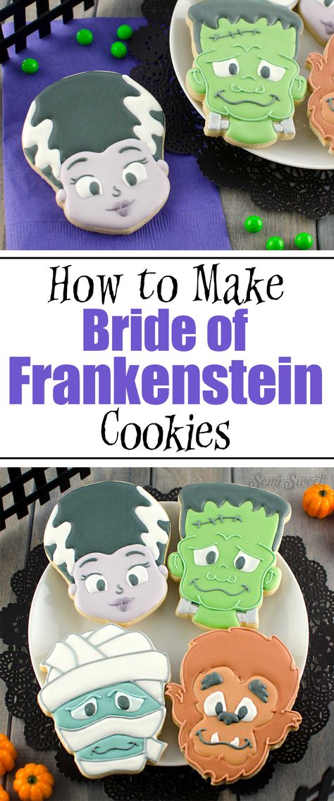 For Halloween, create these fun Bride of Frankenstein sugar cookies. A step-by-step tutorial on how to decorate with royal icing. Frankenstein Cookies, Halloween Cookies Royal Icing, Frankenstein Cookie, Bride Cookies, Awesome Cookies, Galletas Halloween, Halloween Sugar Cookies Decorated, Easy Halloween Cookies, Dulceros Halloween