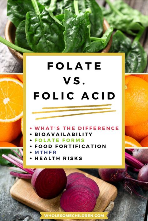 Fruits and vegetables. Text overlay - Folate vs. folic acid (what's the difference, bioavailability, folate forms, food fortification, mthfr, health risks). Foods Rich In Folate, High Folate Recipes, Food With Folate, Food High In Folate, Foods High In Folic Acid, Benefits Of Folic Acid For Women, High Folate Foods, Methyl Folate Benefits, Folic Acid Foods For Pregnancy