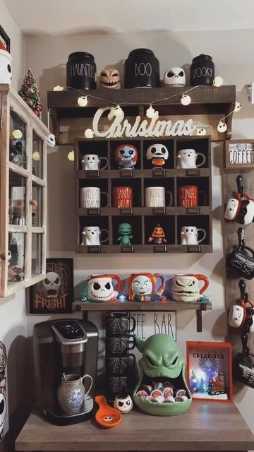 Nightmare Before Christmas Coffee Bar, Nightmare Before Christmas Kitchen Ideas, Home Made Room Decor, Halloween Mug Display, Nightmare Before Christmas Decor House, Nightmare Before Christmas Home Decor, Horror Themed Coffee Shop, Nightmare Before Christmas Kitchen Decor, Nightmare Before Christmas Room