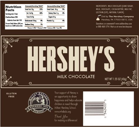 A custom wrapper for a Milk Chocolate Hershey's Bar. This was an assignment for a Senior class at CBU. Chocolate Wrapper Design, Chocolate Hershey, Chocolate Bar Labels, Hershey Cookies, Arty Ideas, Chocolate Logo, Chocolate Wrapper, Chocolate Packaging Design, Hershey Chocolate Bar