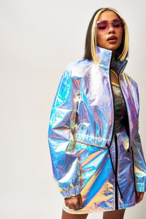 Carousel Image 3 Hologram Skirt, Holographic Jacket, Holographic Fashion, Jacket And Skirt Set, Shell Suit, Jaded London, Future Fashion, Topshop Outfit, Fantasy Clothing