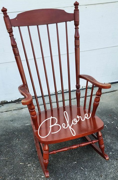 Refurbished Rocking Chair Wood, Repurposed Rocking Chair, Wooden Rocking Chair Makeover, Painted Rocking Chair Ideas, Farmhouse Rocking Chairs, Rocking Chair Redo, Vintage Chairs Makeover, Rocking Chair Makeover, Diy Rocking Chair