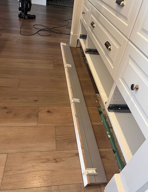 DIY Custom Toe Kicks on Ikea Sektion Kitchen Cabinets | Ikea Kitchen Sektion Ideas, Kitchen Kick Plates, Ikea Toe Kick Drawer, Cabinet Toe Kick Trim, Kitchen Kickplate Under Cabinet, Adding Trim To Ikea Cabinets, Kickplate Under Cabinets, Custom Ikea Kitchen, Diy Toe Kick Drawer