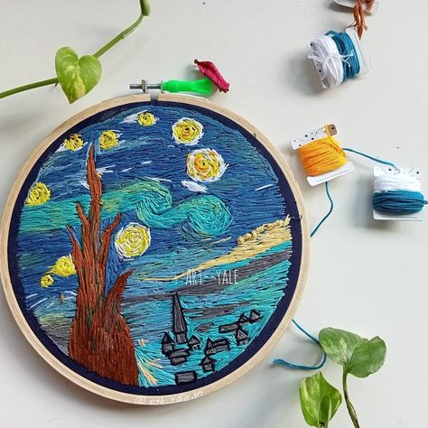 109 Likes, 30 Comments - art___yale 🔷️ (@art__yale) on Instagram: “Starrynight for vincent vangog fancustamisedcfor@ jayati Ahlawat Dreams of land That will call you…” Starry Night Embroidery, Night Embroidery, Diy Hair Accessories Ribbon, Abstract Embroidery, Arte Van Gogh, Embroidery Alphabet, Diy Embroidery Patterns, Embroidered Art, Hand Embroidery Projects