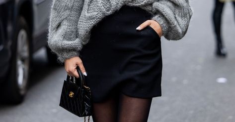 19 Black Skirt Outfits for Every Single Occasion Black Mini Skirt Outfit Winter Tights, Mini Skirt Outfit Winter Tights, Mini Skirt Outfit Over 40, Mini Black Skirt Outfit, Aline Skirt Outfit, Black Mini Skirt Outfit Winter, Black Skirt Outfit Winter, Black Mini Skirt Outfit, Black Tennis Skirt