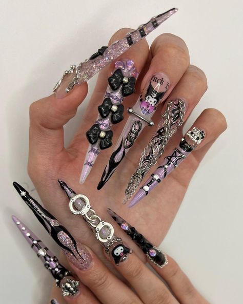 Kuromi Nails, Fur Nails, Acrylic Nails Long, Crazy Nail Designs, Chic Nail Designs, Long Stiletto Nails, Stunning Nail Designs, Fantasy Nails, Gothic Nails