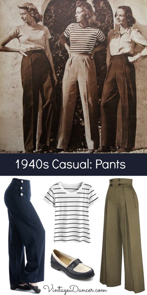 1940s casual outfits with pants or trousers 40s Mode, 1940s Fashion Women, 1940s Outfits, Vintage Outfits 90s, Look Retro, 40s Fashion, Vintage Inspired Outfits, Womens Summer Shoes, Old Fashion