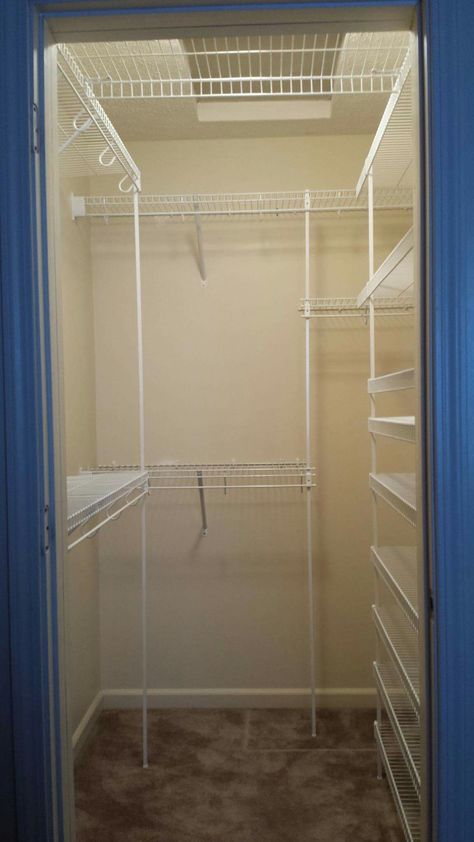 Small Walk In Closet Ideas Wire Shelves, Closet Organization Wire Shelves, Bedroom Turned Closet, Walk In Closet Organization, Small Master Closet, Shelves Organization, Wire Closet Shelving, Organizing Walk In Closet, Closet Makeover Diy