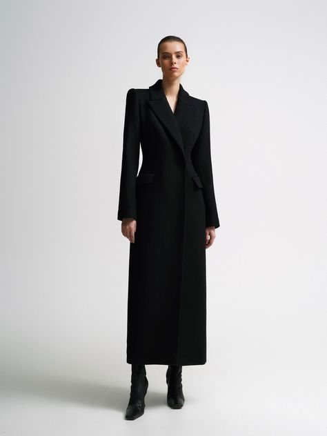 Coat Trends 2024, Black Coat Aesthetic, Black Coat Outfit, Long Suit Jacket, Elegant Girls, Slim Fit Coat, Coat Trends, Future Clothes, Fitted Coat