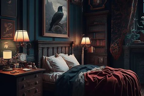 Dark Manor Bedroom, Dark Manly Bedroom, Dark Wood Victorian Bedroom, Grimmauld Place Bedroom, Dark Academia Bedspread, Dark Arcadia Bedroom, Victorian Dark Academia Bedroom, Dark Acedamia House Interior, Dark Academia Bed Frame