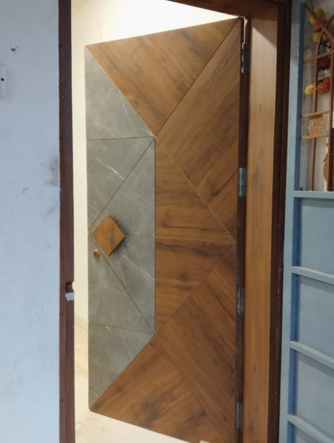 Vineer Groove Design Double Door, Latest Mica Door Design, Flushed Door, Flush Door Design Modern Sunmica, Mica Doors Design, Flush Doors Design Modern, Mica Door, Entrance Gateway, Minimal Door