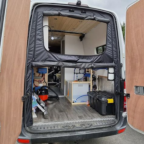 Van Conversion Back Door Ideas, Van Rear Door Storage, Van Back Door Ideas, Van Conversion Bike, Van Graphics, Mercedes Camper, Minivan Camping, Sprinter Van Conversion, Caravan Renovation