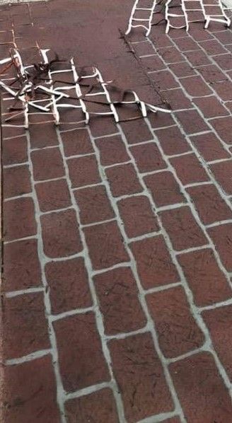 Painted Sidewalk Concrete, Stenciled Concrete Floor Outdoor, Brick Stencils For Concrete, Stenciled Walkway, Concrete Steps Makeover Front Porches, Painted Walkway, How To Color Concrete, Stencil Concrete Patio, Cement Stamps