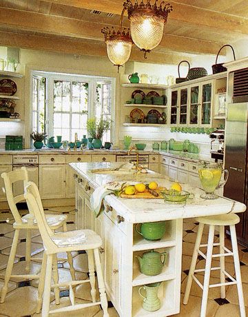 white kitchen with green and blue dishes and accessories, love the light fixtures 1990s Kitchen, 90s Kitchen, 90s Interior, Blue Dishes, American Kitchen, Yellow Kitchen, Romantic Homes, House And Home Magazine, Beautiful Kitchens