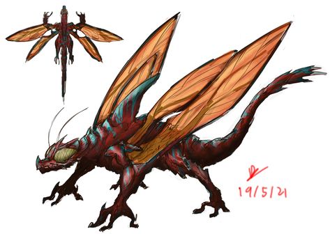 Insect wyvern . Speculative invertebrate shaped like a dragon that has four wing like structures evolved for flight #alien #speculativeevolution #monsterdesign #characters #characterdesign #art #sketch Insect Dragon Art, Insect Dragon, Dnd Mounts, Insect Oc, Wing Types, Alien Insect, Insect Monster, Dragon Concept Art, Alien Animals