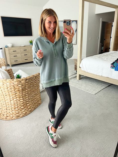 Casual Fall look // Easy outfit for Fall // How to style spanx leggings for Fall // The perfect tunic sweatshirt // On the go outfit for Fall // Put together look for Fall // Fall fashion // Fall outfit Teal Leggings Outfit, Leggings For Fall, Henley Hoodie, Teal Leggings, Outfit For Fall, Easy Outfit, Tunic Sweatshirt, Fashion Fall, Faux Leather Leggings