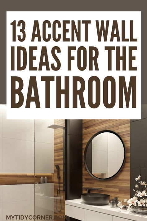 Half Bathroom Wood Wall, Half Bath Accent Wall Ideas Wood, Restroom Accent Wall Ideas, Half Bath Wood Accent Wall, Accent Vanity Wall, Wood Plank Accent Wall Bathroom, Flooring On Walls Ideas Bathroom, Wall Design For Bathroom, Bathroom Vanity Accent Wall Ideas