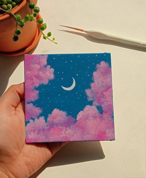 Mini Cloud Painting, Tiny Canvas Art Aesthetic, Mini Canvas Drawings Aesthetic, Small Square Canvas Art, Acrylic Painting On Square Canvas, Cloud Painting Aesthetic, Mini Canvas Art Aesthetic Cute, Aesthetic Scenery Painting, Mini Canvas Paintings Aesthetic