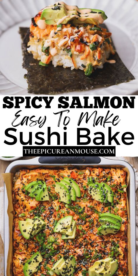 Salmon Bowl Seaweed, Sushi Bake Bowl, Healthy Salmon Sushi Bake, Sweet Egg Sushi, Healthy Summer Dinner Recipes Gluten Free, Salmon Recipes With Avocado, Shrimp And Salmon Recipes Dinners, Salmon Seaweed Bites, Salmon Dinner Recipes For Two