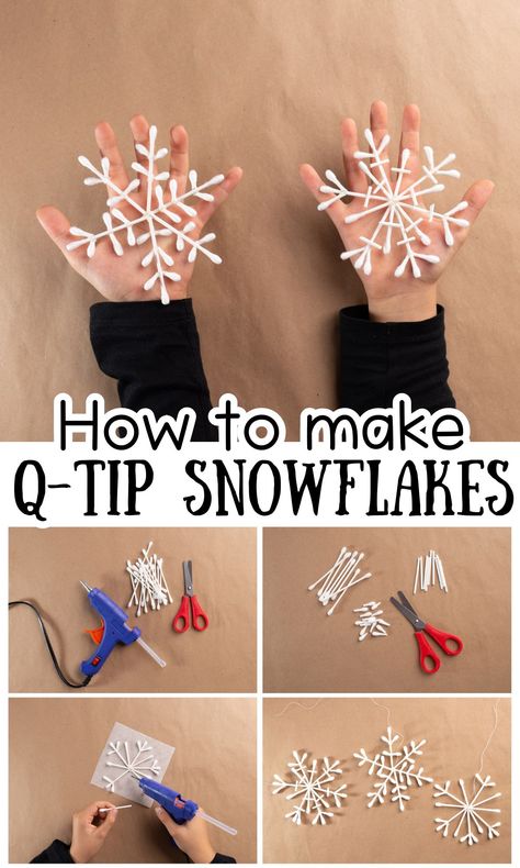 Easy Q-Tip Snowflakes Craft - In The Playroom Make Your Own Snowflakes, Christmas Crafts For Kids Snowflakes, Q Tips Snowflakes, Crafts With Q Tips, Q Tip Snowflakes, Qtip Snowflake Craft, How To Make Paper Snowflakes Easy, Q Tip Crafts For Kids, Qtip Snowflakes