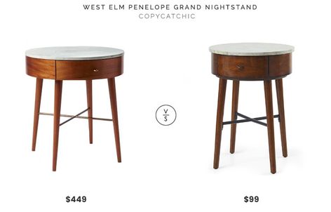 West Elm Penelope Grand Nightstand Acorn with Marble Top $449 vs Walmart Better Homes and Gardens Wood & Marble Finish Round Accent Table $99 mid century modern round nightstand marble top look for less copycatchic luxe living for less budget home decor and design, daily finds, home trends and room redos Grand Nightstand, Walmart Better Homes And Gardens, Bedside Table Round, Round Nightstand, Budget Home Decor, Round Accent Table, Design Boards, Marble Finish, Bedroom Deco