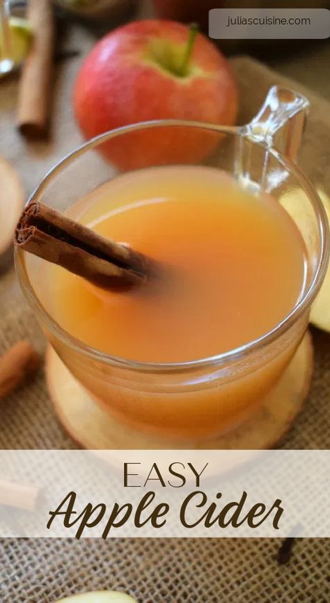 This non alcoholic version of Easy Spiced Hot Apple Cider is one the whole family can enjoy. A warming drink that you can have simmering on the stove for those chilly fall days. And you don’t need to spend your day pressing apples to get a delicious apple cider. With just a few minimal ingredients and a little time, you can have a warming spiced mug of apple cider in your hand. Take a look how. #applecider #mocktails #festivedrinks Apple Juice Into Apple Cider, Make Apple Cider From Apple Juice, Apple Cider Made With Apple Juice, Apple Cider With Cinnamon Sticks, Apple Cider With Apple Juice Easy, Easy Hot Apple Cider Recipe Stovetop, Stove Top Hot Apple Cider, Apple Juice To Apple Cider, Apple Cider Made From Apple Juice