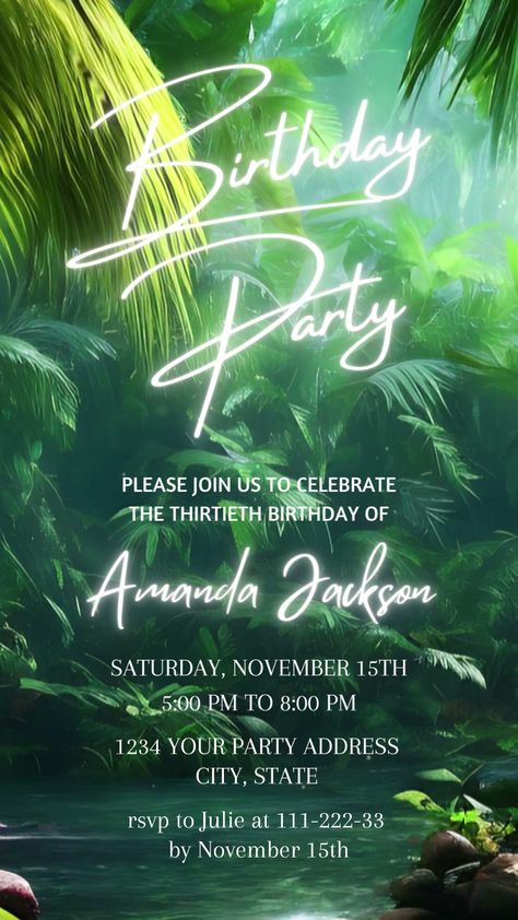 Introducing our newest animated birthday invitation template featuring a relaxing tropical stream! This video invitation is perfect for anyone who wants to add a touch of natural beauty to their birthday celebration. The invitation features a serene tropical stream flowing through a lush jungle, with exotic birds chirping in the background. The animation is smooth and calming, making it perfect for inviting guests to a laid-back and relaxing birthday party. Simply personalize and share it! Animated Birthday Invitation, Video Birthday, Lush Jungle, Birds Chirping, Phone Template, Video Invitation, Exotic Birds, Birthday Party Invitation, Editable Invitations