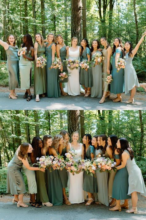 Green Bridesmaids Dresses | Bridesmaid Dresses Styles | Oregon Photographer | I am obsessed with these bridesmaids with mismatched dresses at this outdoor wedding. I love how they are all green but different styles! See olive green bridesmaids dresses mismatched, shades of green bridesmaids dresses, green bridesmaids dresses mismatched, bridesmaid dresses elegant and bridesmaid dresses aesthetic. Book Kendra for your timeless wedding photos or Oregon wedding photography at kendiphotos.com. Two Bridesmaids Only Mismatched, Sage And Olive Bridesmaid Dresses, Variety Green Bridesmaid Dresses, Varied Green Bridesmaid Dresses, Outdoorsy Bridesmaid Dresses, Bridesmaid Dresses Different Styles Same Color, Green Theme Bridesmaid Dresses, Bridesmaids Dresses Shades Of Green, Green Bridesmaid Dresses Different Shades