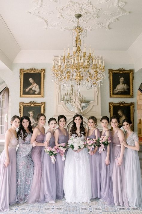 Lilac Wedding Inspiration, Lavender Wedding Theme Color Schemes, Purple Bridesmaid Dresses Mismatched, Purple Accent Wedding, Purple Wedding Aesthetic, Wedding Purple Theme, Purple Floral Bridesmaid Dresses, Purple Theme Wedding, Purple Wedding Dress Bridesmaid