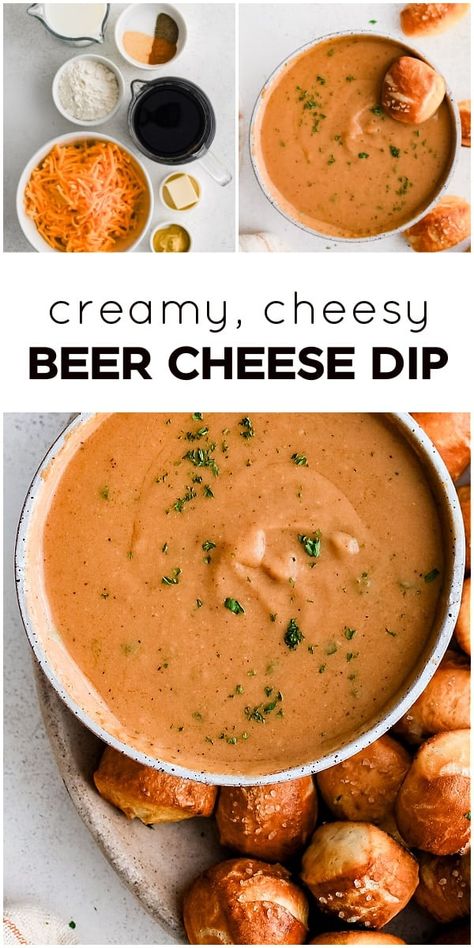 This quick and easy pub-style Beer Cheese Dip is the ultimate party or game-day appetizer! Made with lots of freshly shredded cheddar cheese, dijon mustard, and your favorite lager-style beer, this cheesy, creamy, extra-flavorful dip is perfect with soft pretzel bites, freshly baked bread, soft pita, or crunchy veggies. German Appetizers Oktoberfest Party Beer Cheese Dips, Applebees Beer Cheese Dip, Dip For Beer Bread, Beer Cheese Recipe, Gameday Food, Soft Pretzel Bites, Food Authentic, German Food Authentic, Crunchy Veggies