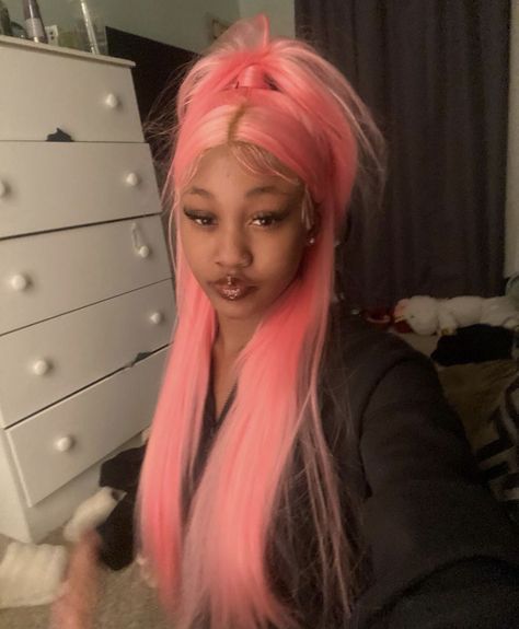 Black women Light Pink Wig, Wigs Pink, Y2k Hairstyles, Wig Straight, Dyed Hair Inspiration, Pink Wig, Face Card, Dope Hairstyles, Frontal Wig