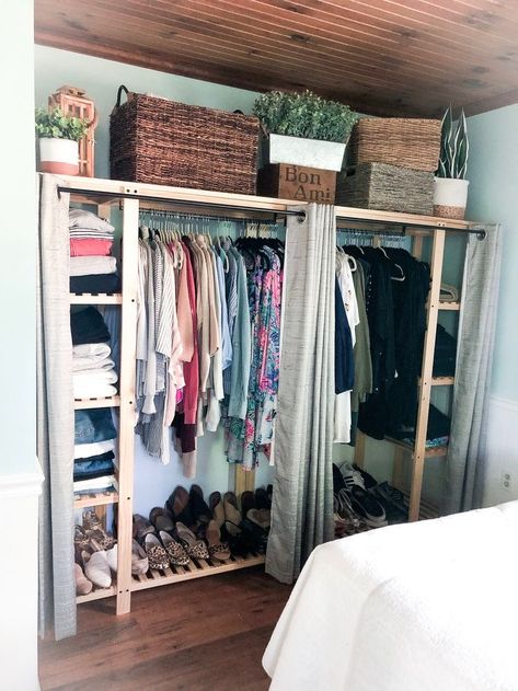 No Closet Clothes Storage Ideas, No Closet Ideas Bedrooms Small Spaces, Diy Extra Closet Space, Closet Ideas No Closet, Diy Closet Studio Apartment, Bedroom Storage No Closet, Bedroom Organization No Closet, Open Bedroom Storage Ideas, No Space For Wardrobe