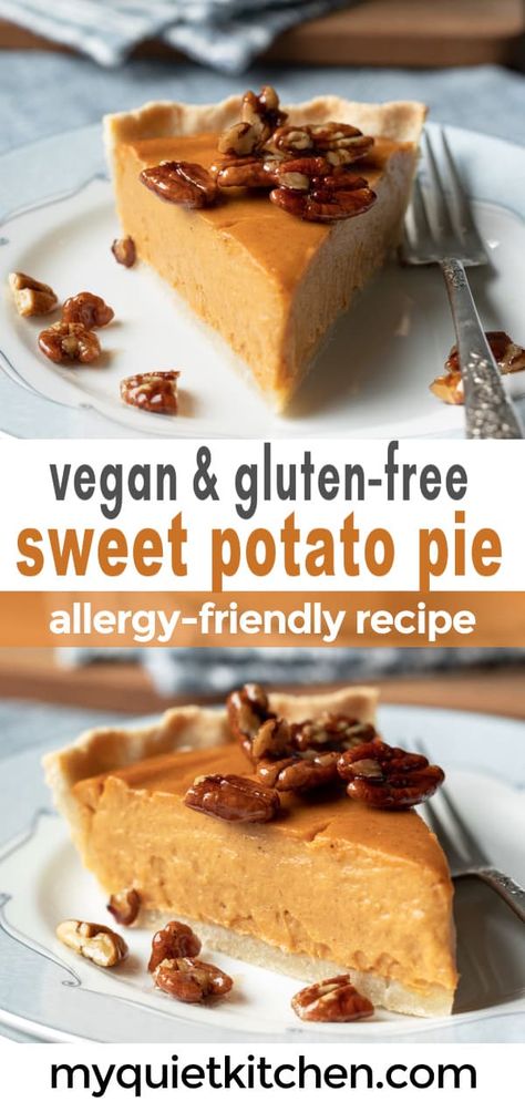 This silky Vegan Sweet Potato Pie is healthier than most, and yet so delicious no one will mind! With an exceptionally creamy filling and the best almond flour crust. This pie is also gluten-free, oil-free, and soy-free and great for making a day or two in advance. Sweet Potato Pie Dairy Free, Raw Vegan Sweet Potato Pie, Gluten Free Dairy Free Sweet Potato Pie, Gluten Free Dairy Free Sweet Potato, Sweet Potato Pie Vegan, Gluten Free Pie Filling, Vegan Sweet Potato Pie Recipes, Vegan Sweet Potato Cheesecake, Wfpb Sweet Potato Recipes