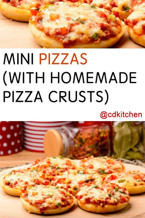 Mini Pizzas (With Homemade Pizza Crusts) - The best pizza is a personal pizza because you don't have to share. Mini pizzas with scratch-made dough and everybody gets to pick their favorite toppings. | CDKitchen.com Personal Pizza Recipe, Homemade Pizza Crust Recipe, Mini Pizza Recipes, Homemade Pizza Crust, Pizza Crusts, Pizza Snacks, Active Dry Yeast, Personal Pizza, Mini Pizzas