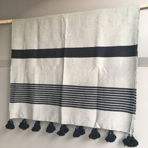 Moroccan Pompom Blanket, Pom Poms, Boho Blanket, Bed Cover White and Black Stripes with Black Pompom Alpine Decor, Pompom Blanket, Moroccan Throw Blanket, Moroccan Pom Pom Blanket, Handwoven Blanket, Single Size Bed, Bohemian Blanket, Pom Pom Blanket, Boho Blanket