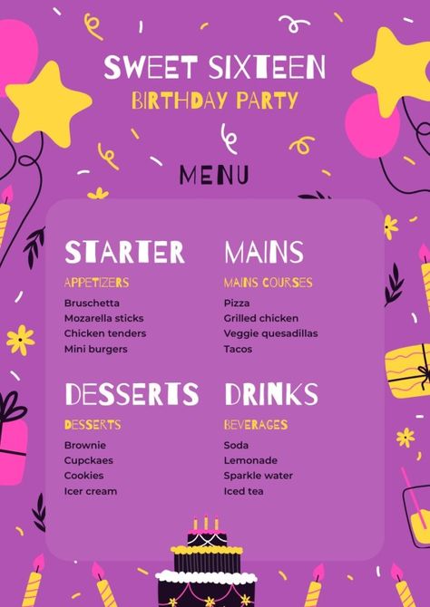 Hand-drawn Flat Sweet Sixteen Birthday Party Menu Sweet 16 Party Schedule, Party Menu Template, Birthday Party Menu, Dessert Taco, Diner Menu, Birthday Menu, Mini Burgers, Sixteenth Birthday, Sweet 16 Birthday Party