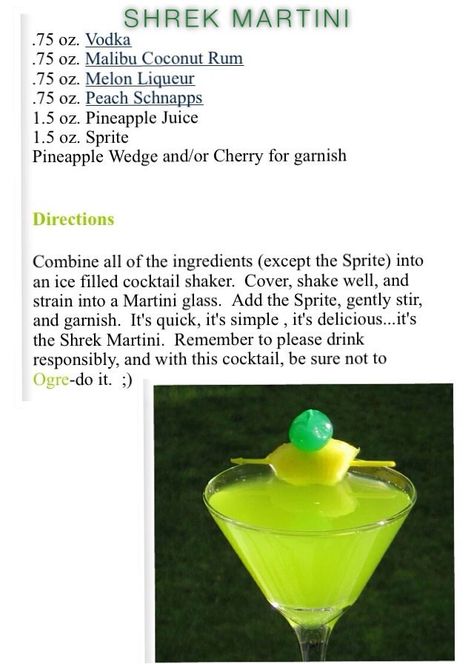 Shrek Martini, Shrek Alcoholic Drinks, Shrek Party Drinks, Shrek Themed Cocktails, Shrek Trivia, Shrek Themed Snacks, Shrek Theme Party Ideas, Shrek Recipes, Shrek Drinks