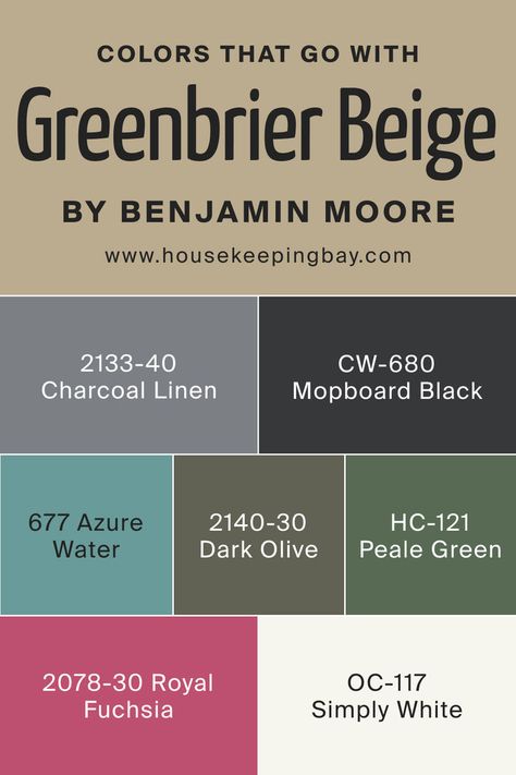 Colors That Go With Greenbrier Beige HC-79 Bm Peale Green, Bleeker Beige, White Dove, Simply White, White Doves, Trim Color, Coordinating Colors, Benjamin Moore, Paint Color