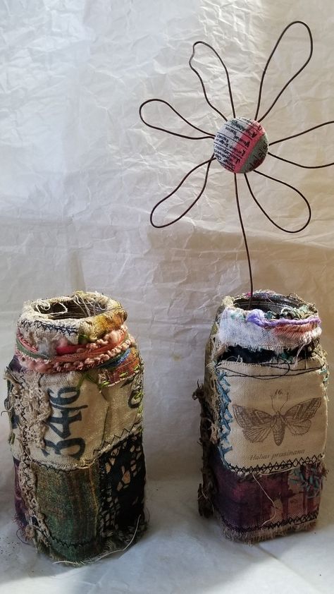 Textile Vessels, Stitch Pots, Fabric Vessels, Recycled Fabric Art, Fiber Sculpture, Unique Vase, Scrap Fabric Crafts, Scrap Fabric Projects, Folded Fabric Ornaments