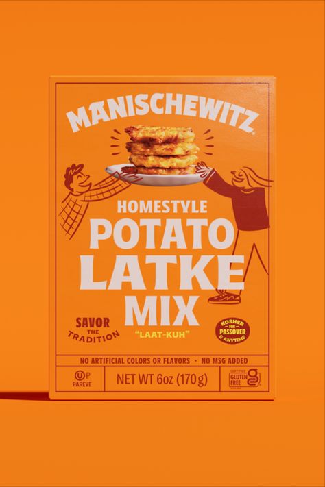 Kosher food brand Manischewitz has been around for over 130 years, slinging traditional Jewish food like matzo, macaroons, egg noodles, gefilte fish, and cake mixes, and they've remained a mainstay of the kosher aisle that sits alongside the likes of Streits and Yehuda.  But, according to them, that’s a big problem for the brand, and they wanted to appeal to a new generation of folks and break free of the kosher aisle. Egg Branding, Premium Food Packaging, Gefilte Fish, Logo Design Graphics, Kosher Food, Peanut Butter And Banana, Cake Branding, Jewish Food, Packaging Food