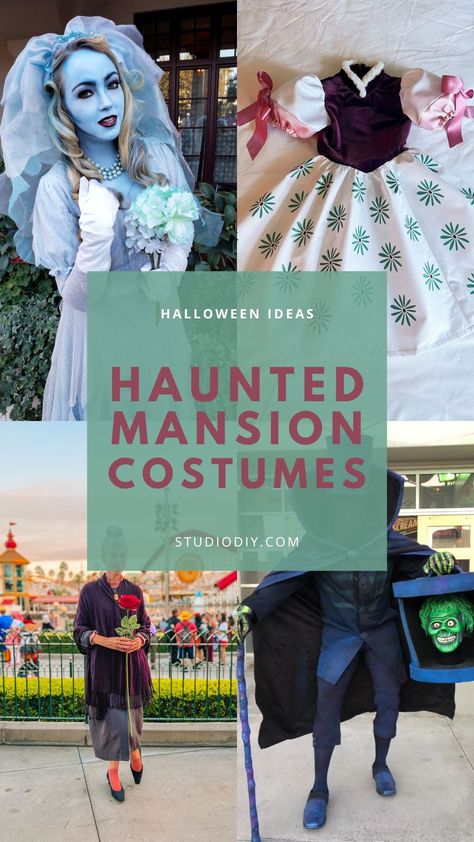 he Haunted Mansion is a beloved ride at Disneyland year round, but especially at Halloween. It is the perfect ride to pull inspiration from for your Halloween costume! These Haunted Mansion costume ideas, are fun to pull together, mostly from items from your closet or the thrift store, and will impress any true Disney fans you encounter! Haunted House Halloween Costumes, Haunted Mansion Cast Member Costume, Madam Leota Disneybound, Haunted Mansion Costumes Diy, Haunted Mansion Couples Costume, Haunted Mansion Running Costume, Tower Of Terror Costume, Haunted Mansion Pumpkin Painting, Haunted Mansion Bride Costume