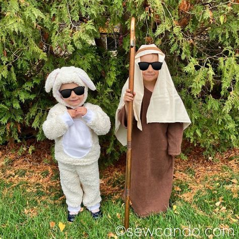 Shepherd Costume Diy, Sheep And Shepherd Costume, Shepherd Costume For Kids, Shepard Costume Diy Kid, Diy Sheep Costume Kids, Sheep Costume Kids, Baby Sheep Costume, Diy Sheep Costume, Shepherd Outfit