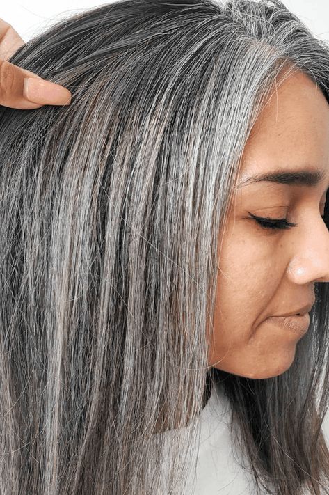 grey blending, dark hairstyles, chic hairstyles Money Piece Grey Blending, Highlights In Gray Hair, Highlights Lowlights Grey Hair, Grey Grow Out, Heavy Lowlights, Silver Hair Dark Roots, Blended Grey Hair Highlights, Silver Streaks In Dark Hair, Grey Hair Asian