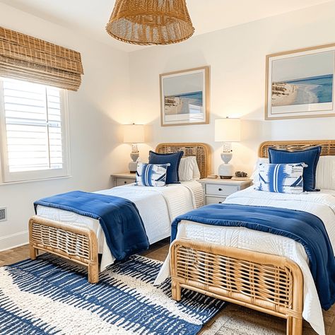 twin woven beds with white and navy bedding with beachy art on the walls Navy Beach Bedroom, Beach Bungalow Bedroom, Coastal Twin Bedroom Ideas, Beachy Kids Room, Beach House Master Bed, 3 Twin Beds In One Room, Twin Bedding Ideas, 2 Twin Beds In Small Room Layout, Teen Beach Bedroom