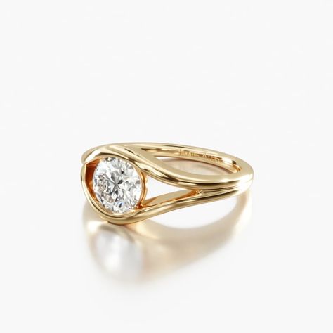 18K Yellow Gold Oculus Solitaire Engagement Ring. Solitaire Womens Gold Engagement Rings, Unique Gold Diamond Ring, Tension Wedding Rings, Princess Bezel Ring, Engagement Rings Swirl, Curved Wedding Rings, Curved Band Ring, Engagement Rings Gender Neutral, Silver Moissanite Ring